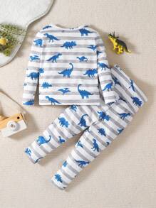Baby Boy Striped & Dinosaur Print Snug Fit PJ Set - Multicolor - View 2