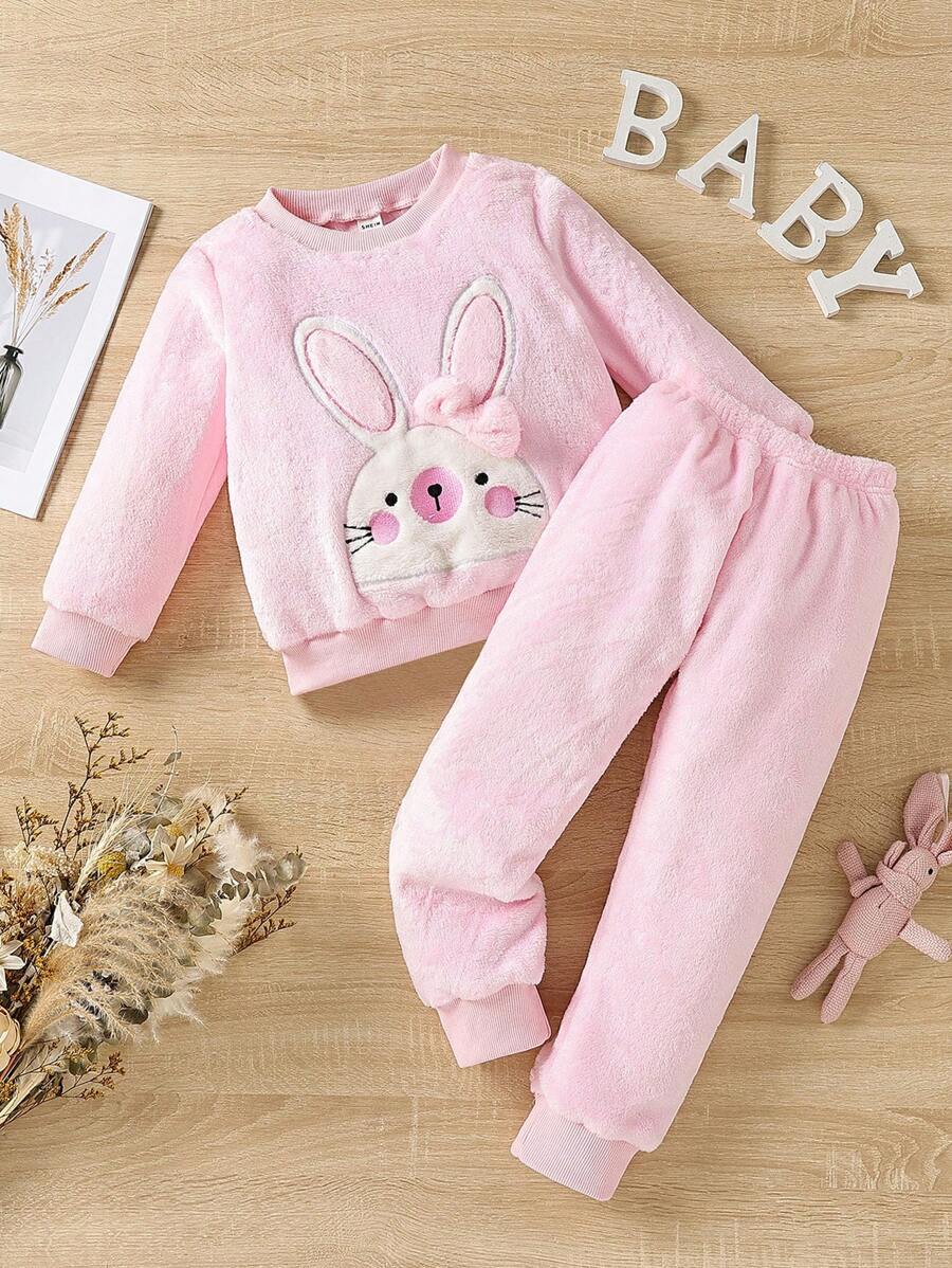 女小童卡通刺繡3D耳朵設計法蘭絨睡衣套裝 - 粉色 - 查看 1