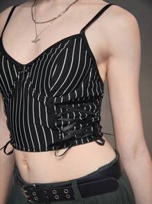ROMWE Grunge Punk Striped Lace Up Cami Top - Black and White - View 2