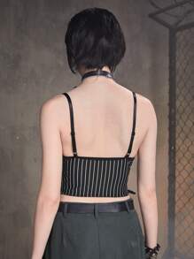 ROMWE Grunge Punk Striped Lace Up Cami Top - Black and White - View 3