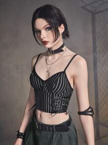 ROMWE Grunge Punk Striped Lace Up Cami Top - Black and White - View 5