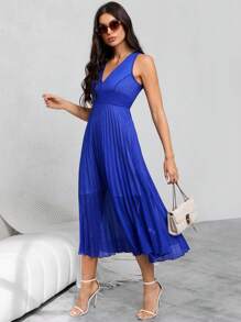 SHEIN Privé Solid Pleated Hem Dress, Semi Formal Dress - Blue - View 4