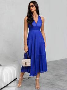 SHEIN Privé Solid Pleated Hem Dress, Semi Formal Dress - Blue - View 6