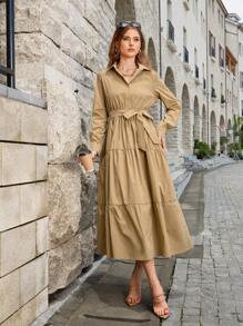 SHEIN Privé 素色腰帶荷葉邊襯衫連衣裙 - 卡其色 - 查看 1