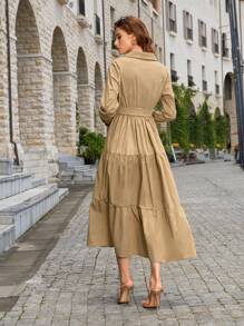 SHEIN Privé 素色腰帶荷葉邊襯衫連衣裙 - 卡其色 - 查看 2