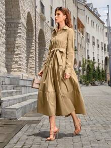 SHEIN Privé 素色腰帶荷葉邊襯衫連衣裙 - 卡其色 - 查看 4