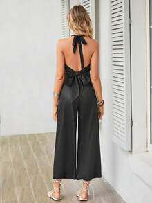 SHEIN Unity In hoa Áo hai dây & Quần ống rộng - màu đen - Xem 2