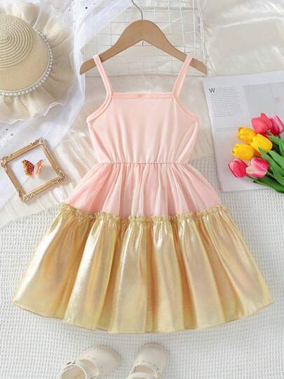 SHEIN Young Girl Two Tone Ruffle Hem Cami Dress