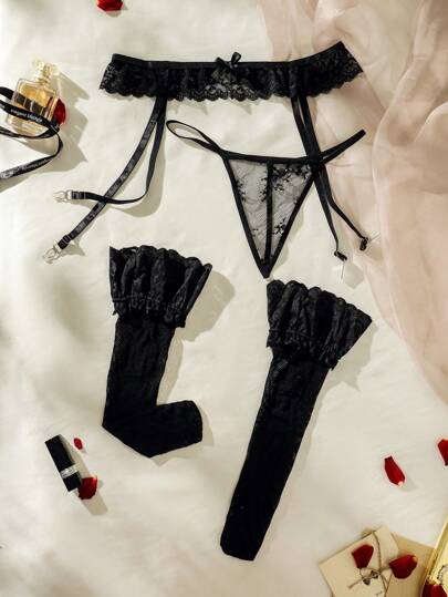 3packs Lace Garter Panty With 1pair Stockings, Lingerie