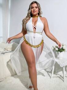 Plus Chain Detail Mesh Halter Costume Teddy Bodysuit & Skirt - White - View 1