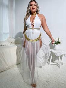 Plus Chain Detail Mesh Halter Costume Teddy Bodysuit & Skirt - White - View 3