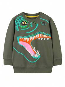 Young Boy Dinosaur Print Sweatshirt - Army Green - View 1