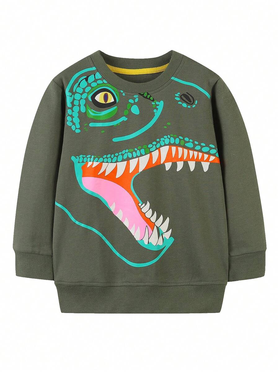 Young Boy Dinosaur Print Sweatshirt - Army Green - View 1