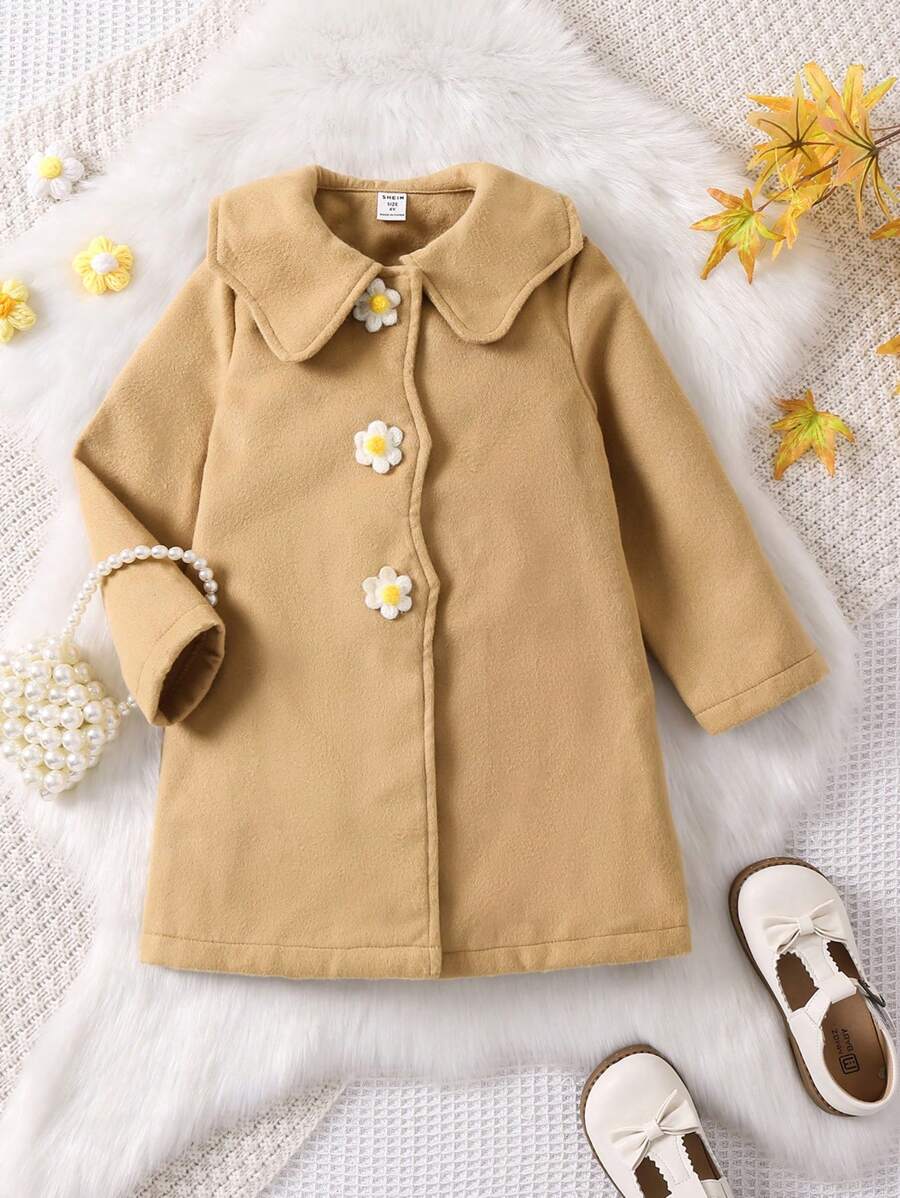 SHEIN 女小童花卉圖案補丁貼彼得潘領前紐扣花呢外套 - 卡其色 - 查看 1