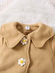 SHEIN 女小童花卉圖案補丁貼彼得潘領前紐扣花呢外套 - 卡其色 - 查看 3