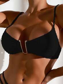 Plain Smocked Bikini Top - Black - View 1