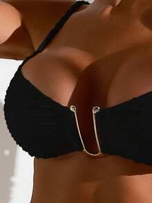 Plain Smocked Bikini Top - Black - View 4