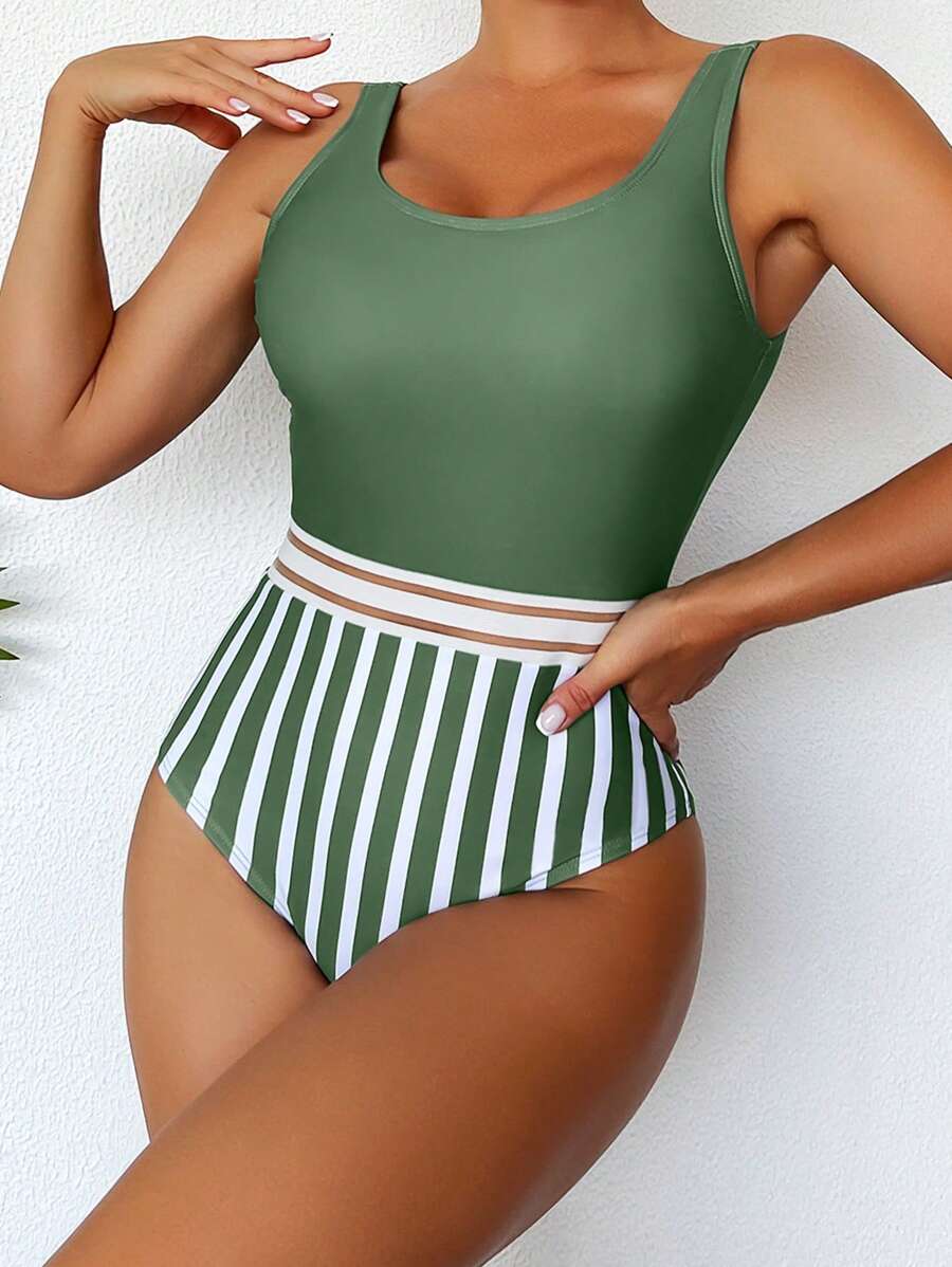 Striped Print Contrast Mesh One Piece Swimsuit - Army Green - View 1