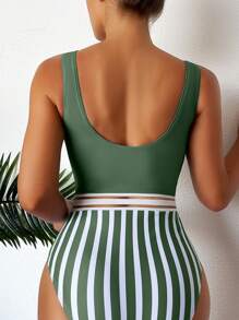 Striped Print Contrast Mesh One Piece Swimsuit - Army Green - View 2