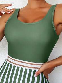 Striped Print Contrast Mesh One Piece Swimsuit - Army Green - View 3