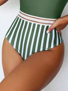 Striped Print Contrast Mesh One Piece Swimsuit - Army Green - View 4