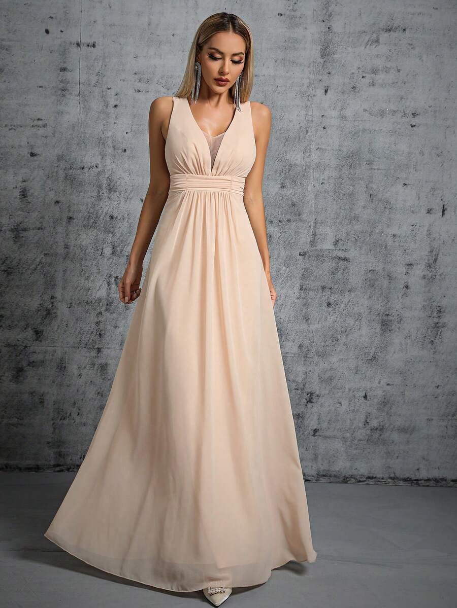 Plunging Neck Ruched Waist Maxi Formal Dress - Apricot - View 1