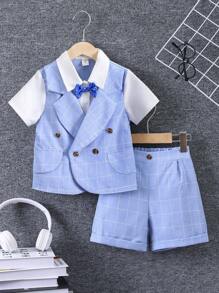 SHEIN 男小童格紋印花前蝴蝶結二合一襯衫和短褲 - 藍色 - 查看 1