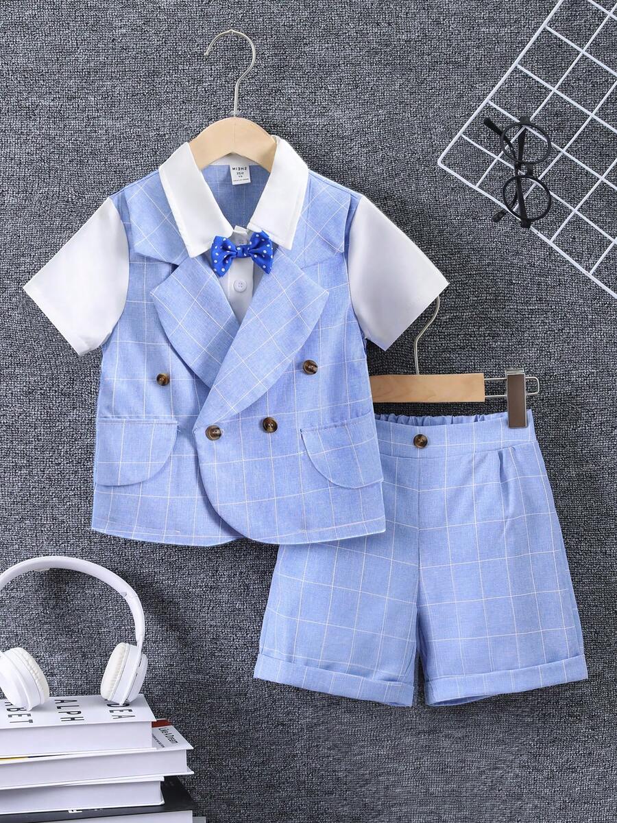SHEIN 男小童格紋印花前蝴蝶結二合一襯衫和短褲 - 藍色 - 查看 1
