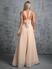 Plunging Neck Ruched Waist Maxi Formal Dress - Apricot - View 2