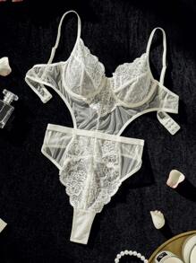 Body teddy con encaje floral con abertura - Blanco - Ver 1