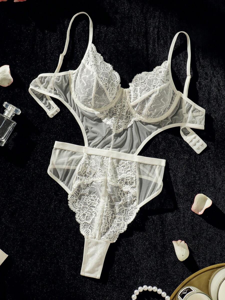 Body teddy con encaje floral con abertura - Blanco - Ver 1