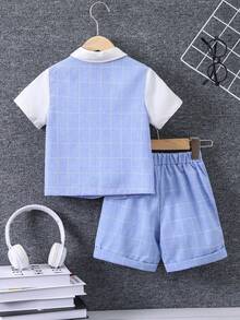 SHEIN 男小童格紋印花前蝴蝶結二合一襯衫和短褲 - 藍色 - 查看 2
