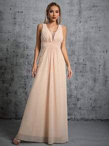 Plunging Neck Ruched Waist Maxi Formal Dress - Apricot - View 3