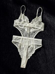 Body teddy con encaje floral con abertura - Blanco - Ver 2