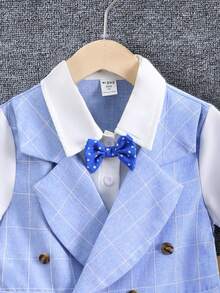 SHEIN 男小童格紋印花前蝴蝶結二合一襯衫和短褲 - 藍色 - 查看 3