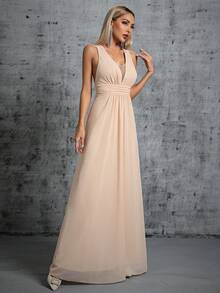 Plunging Neck Ruched Waist Maxi Formal Dress - Apricot - View 4