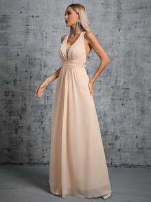 Plunging Neck Ruched Waist Maxi Formal Dress - Apricot - View 5