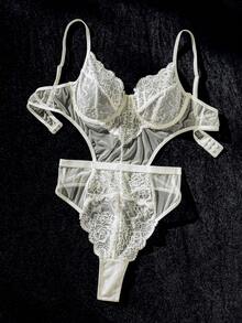 Body teddy con encaje floral con abertura - Blanco - Ver 3