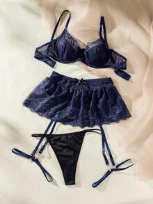 Set de lencería con encaje floral con aro con liga - Azul Marino - Ver 3