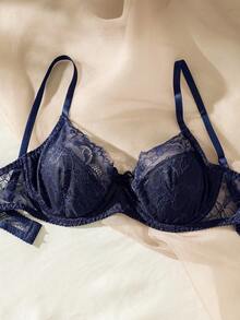 Set de lencería con encaje floral con aro con liga - Azul Marino - Ver 4