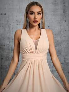 Plunging Neck Ruched Waist Maxi Formal Dress - Apricot - View 6