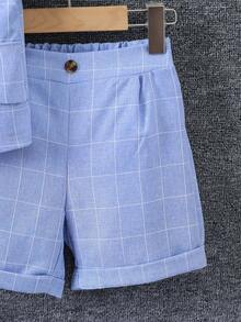 SHEIN 男小童格紋印花前蝴蝶結二合一襯衫和短褲 - 藍色 - 查看 6