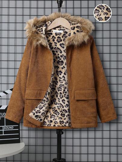 SHEIN 男大童翻蓋口袋毛茸邊連帽加絨內裏燈芯絨外套