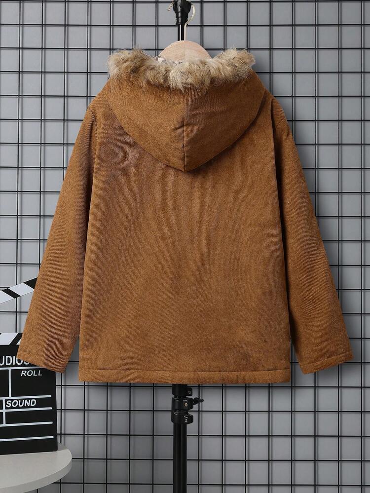 Tween Boy Flap Pocket Fuzzy Trim Hooded Thermal Lined Cord Coat