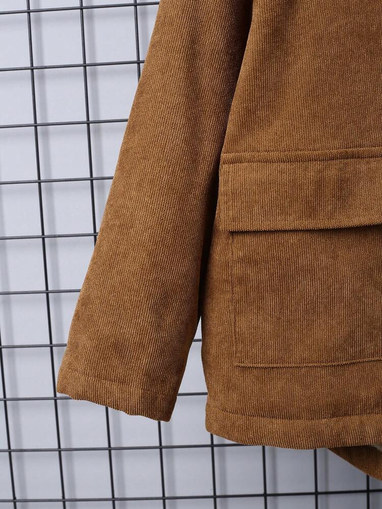 Tween Boy Flap Pocket Fuzzy Trim Hooded Thermal Lined Cord Coat