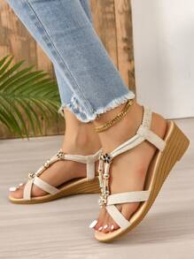 Tropiscape Damen Plateau-Keilsandalen mit metallischen Verzierungen und offenem Absatz, Valentinstag, Herbst, Weihnachten, Weihnachtsgeschenke - Beige - Übersicht 6