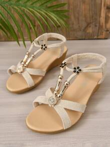 Tropiscape Damen Plateau-Keilsandalen mit metallischen Verzierungen und offenem Absatz, Valentinstag, Herbst, Weihnachten, Weihnachtsgeschenke - Beige - Übersicht 9