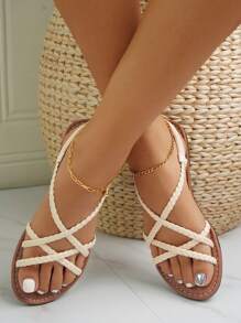Solid Color Women's Flat Sandals With Woven Details And Cross Straps - Beige - View 8