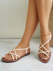 Solid Color Women's Flat Sandals With Woven Details And Cross Straps - Beige - View 2