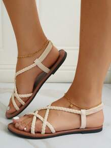 Solid Color Women's Flat Sandals With Woven Details And Cross Straps - Beige - View 3